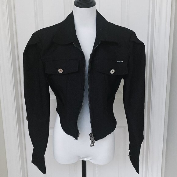 NWT Women's Black Puff Long Sleeve Pocket Front Zip Lapel Collar Jacket Top - Picture 1 of 6